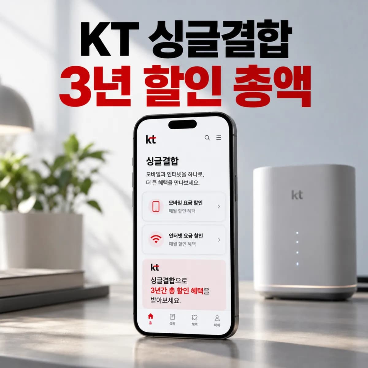 KT 프리미엄 싱글결합 500메가·1기가, 휴대폰 1대 결합 시 3년 할인 총액